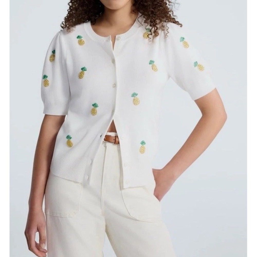Free Assembly Women's White Knit Puff Sleeve Cardigan Sweater Beaded Pineapple